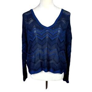 An'ge NWT Navy Blue OS Chevron Open Knit V-neck Crop Thin Sweater Top